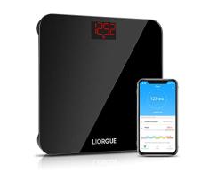 Liorque Digitale Personenwaage Hochpräzise BMI Waagen Smart Step-On Technologie mit Gehärtetem Glas Körperwaage mit APP, 180kg, Schwarz