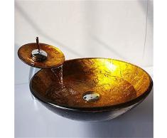 HomeLava Modern Waschbecken Set Rund Gold Gehärtetes Glas Aufsatz Waschschale mit Wasserfall Wasserhahn