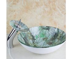 Jgophu Runde Badezimmer Kunst Waschbecken aus gehärtetem Glas Waschbecken mit Wasserfall Chrom Wasserhahn Set Pop Up Drain