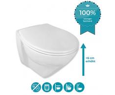 Calmwaters® Spülrandloses, erhöhtes Wand-WC Modern Plus mit Toilettendeckel, 6 cm Erhöhung, inklusive abnehmbarem WC-Sitz mit Absenkautomatik und Schnellbefestigung, Tiefspüler in Weiß