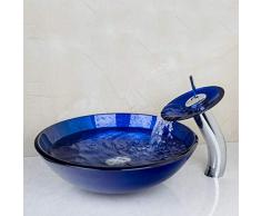 Jgophu Handgemalte Blaue runde Waschbecken Wasserhähne Set gehärtetes Glas Waschbecken und verchromt Bad Wasserhahn Mixer