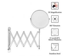 BELLE VOUS Wandmontage Rasierspiegel - 360° Ausziehbar Rostfreiem Stahl Chrom Teleskop Kosmetikspiegel mit 1x und 3X Vergrösserung und 2 Schrauben, 2 Dübeln und Klapparm für Makeup, Bad, Schlafzimmer