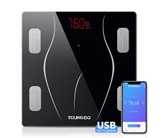 YOUNGDO Wiederaufladbare Körperwaage, Bluetooth Körperfettwaage mit APP, Smart Waage mit Körperfett und Muskelmasse, BMI, BMR, usw(23 Daten), Digitale personenwaage Körperanalysewaage für Android/iOS
