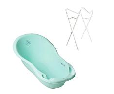 Tega Baby ® ergonomische Badewanne 86cm SET 3-teilig mit faltbarem Gestell + Stöpsel zum Wasserablassen Abfluss Babybadewanne 0-12 Monate, Motiv:Häschen - grün, Ständer:Weiß