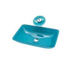 chicstyleme Blaue Waschbecken und Wasserhahn Set aus gehärtetem Glas Square Becken Wasserfall Waschbecken