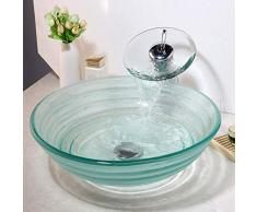 shuip Wasserhahn/Badausstattung Waschbecken mit Wasserfall Chrom poliert Wasserhahn und Wasserablauf runde Form transparent gehärtetem Glas Waschbecken