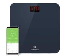 Digitale Waage Personenwaage,BMI Körperwaage Gewichtswaage mit LED Display und Step-On-Technologie, Smartphone-App, Sicherheitsglas und 5-180kg, Grau