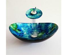 Homelava Modern Gehärtetes Glas Waschbecken mit Wasserfall Armatur Set (Blau 7)