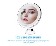 Auxmir Kosmetikspiegel LED mit Licht, Saugnapf, 10x Vergrößerung und 16,5cm Vergrößerte Spiegelfläche, Makeup Schminkspiegel Beleuchtet mit 2 Helligkeitsstufen für Zuhause und Unterwegs