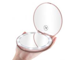 Gospire 5 Zoll Taschenspiegel Tragbar Led Beleuchteter Kosmetikspiegel 1X / 7X Vergrößerung Doppelseitiger Handspiegel mit Batterie Klappbarer Schminkspiegel Reisespiegel für Reise Einkaufen Rosegold