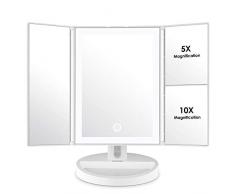Auxmir Kosmetikspiegel mit LED Licht und 5X/ 10X-Vergrößerungsspiegel, Schminkspiegel Beleuchtet für Schminken Rasieren und Tragen der Kontaktlinsen, Dimmbare Helligkeit, Weiß
