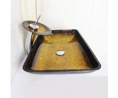HomeLava Modern Waschbecken Set Glas Eckig mit Wasserfall Wasserhahn,Ablaufgarnitur, Montagering
