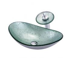 HomeLava Modern Waschbecken Glas Oval Set Hartglas Aufsatzwaschbecken mit Wasserfall Wasserhahn und Chrom Pop Up Ventil