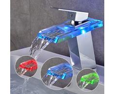 BONADE LED Wasserhahn bad Waschbecken mit RGB 3 Farbewechsel Beleuchtung Wasserfall Auslauf Waschtischarmatur Einhandmischer aus Glas Mischer Spüle Waschtisch Einhebelmischer für Badezimmer