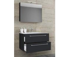 VCM 3-TLG. Waschplatz Set Waschtisch Waschbecken Keramik Sentas Spiegelschrank + 2 Schubladen Schwarz: 60 cm