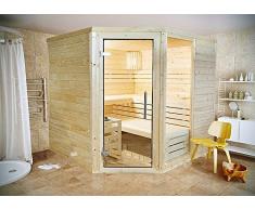 Polar Massivholzsauna 5eckig aus 45 mm nordische Fichte ohne Saunaofen/Technik, Modell:E2222ETO (220 x 220 x 200 cm)