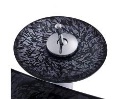 HomeLava Gehärtetes Glas Waschbecken Set Oval Schwarz mit Wasserfall Armatur Set und Abflussgarnitur Set