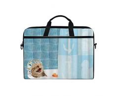 LOSNINA Laptop Tasche 15-15.4 Zoll,Katzen lustiges niedliches Tier,das Bad Lächeln Duschkappe Teal Ocean Blue nimmt,Neue Leinwand Drucken Muster Aktentasche Schulter Messenger Handtasche Case Sleeve