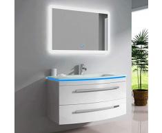 oimexgmbh Design Badmöbel Set „Monica“ Weiß Hochglanz Waschtisch 70cm inkl. LED Waschbecken, LED Beleuchtung Armatur und Spiegel Badezimmermöbel Set mit Glas Waschbecken