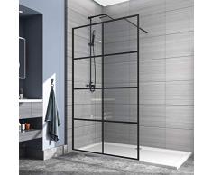 Safeni Walk In Dusche, 90x200cm Walk In Duschtrennwand Glas Duschwand mit 8mm Nano-Beschichtung ESG Klares Sicherheitsglas Schwarzes Plaid