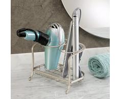 iDesign Fönhalter, kleine Föhnhalterung aus Metall, freistehender Glätteisenhalter mit 2 Fächern und Gitterkorb, mattsilberfarben