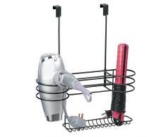 mDesign Fönhalter mit 3 Fächern – großes Türregal zur Fön Aufbewahrung im Badezimmer – Badorganizer für Lockenstab, Glätteisen und Bürsten – hitzebeständig – schwarz