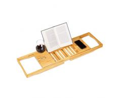 Relaxdays Badewannenablage Bambus mit Buchstütze HxBxT 17,5 x 70 x 22 cm, Weinglashalter, Badewannenbrett, Ablage, natur