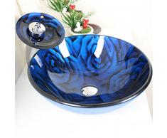 HomeLava Rund Glas Waschbecken+Wasserfall Armatur Set, Blau Rose