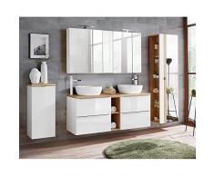Lomadox Badmöbelset Hochglanz weiß & Wotaneiche, mit Doppel-Waschtisch inkl. 2 Aufsatzwaschbecken inkl. LED-Spiegelschrank