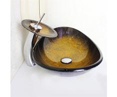 Homelavafans Gehärtetes Glas Waschbecken mit Wasserfall Wasserhahn, Wasserablauf und Montage Ring Rund (Gold + Dunkelbraun)