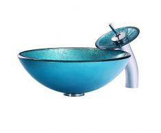 HomeLava Modern Glas Waschbecken Set Rund Gehärtetes Glas Waschtischplatte in Türkis mit Wasserfall Wasserhahn