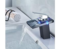 RANZIX 3 Farben LED Waschtischarmatur aus Glas Wasserhahn Wasserfall Bad Waschbecken Schwarz Mischer Spüle Waschtisch Einhebelmischer für Badezimmer