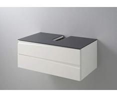 CAVADORE Waschtisch SHARPCUT / Moderne Bad Kommode / Front Hochglanz Weiß / 2 Schubladen mit gefräster Griffleiste / Korpus Melamin weiß / Glasablage grau / 80x33x46cm (BxHxT)