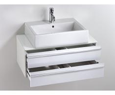 CAVADORE Waschtisch SLEEK 09 / Moderner Bad Unterschrank für Waschbecken mit zwei Schubkästen / Front in Hochglanz Weià / Korpus Melamin weià / Ablage aus Glas weià / 46 x 80 x 33 cm (TxBxH)