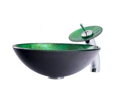 HomeLava Modern Einfach Waschbecken Set Rund Gehärtetes Glas Grün Glaswaschschale mit Wasserfall Wasserhahn und abflussgarnitur