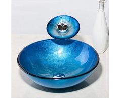 Jgophu Blaue Malerei Farbe Runde Badezimmer Kunst Waschbecken klar gehärtetes Glas Waschbecken mit Wasserfall Chrom Wasserhahn Set