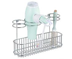 mDesign Fönhalter zur Wandanbringung – Ideal zur Fön Aufbewahrung und Lockenstab Aufbewahrung – Wandregal aus Metall mit 4 Ringhalterungen und großer Ablagefläche – silberfarben