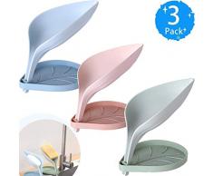 Meowtutu Seifenschale mit Ablauf, 3 Stück Leaf Seifenhalter Abnehmbar für Einfache Reinigung Seife Trocken und Sauber Halten, Pink, Blau, Grün