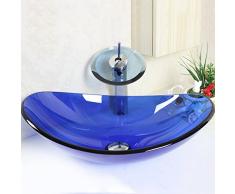 HomeLava Modern Blau Oval Glas Waschbecken mit Wasserfall Armatur,Ablaufgarnitur, Montagering