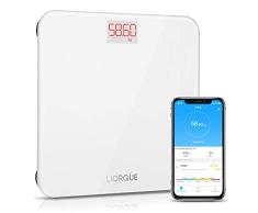 Liorque Personenwaage Digital Waage Bluetooth mit APP Tracking Gewichtes Änderung Smart Step-On Technologie Waage Digital mit Gehärtetem Glas Waage, BMI, 180 kg, Weiß