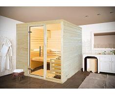 Polar Massivholzsauna 4eckig aus 45 mm nordische Fichte ohne Saunaofen, Modell:E2222TO (220 x 220 x 200 cm)