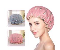 Duschhaube 2 Stück, Wasserdichte Doppelschicht Damen Duschhaube Shower Caps Bad Kappe Elastische Wiederverwendbare Badehüte, Groß Duschhauben Lange Haare für Mädchen Frauen Kinder Dusche Spa-Rose Blau
