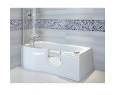 Badewanne mit Tür, Seniorenbadewanne 167,5x85/75x53cm mit Duschkabine,Wannenschürze und Ablauf/Sifon, Ausführung LINKS