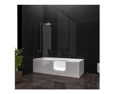 Vitra Combo Badewanne Einstieg rechts aus Sanitäracryl, Seniorenbadewanne mit Glastür | Seitenschürze rechts Fußgestell Inklusive Ab- und Überlaufgarnitur Weiß