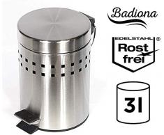 BADIONA Kosmetikeimer 3l | Edelstahl Mülleimer Bad | Abfalleimer Silber für Badezimmer und Küche | Badmülleimer Chrom mit Deckel | Kosmetikeimer Metall klein | 3 Liter Eimer Rund | Tretmülleimer
