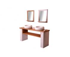 DIVERO Doppel-Waschplatz Badmöbel – Teakholz-Waschtisch dunkel-braun – 2 Aufsatz-Waschbecken Marmor creme hell – 2 Wand-Spiegel mit Teak-Rahmen