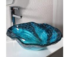 Jgophu Badezimmer-Glas-WASCHBECKEN-WASCHBECKEN-BLAU MIT SCHWARZER UMHANG-GEGENGEFLÜGELTER Wellen-Patel-Blumen-SCHÜSSEL