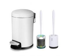 Skroad Round Step Mülleimer mit Silikon-WC-Bürsten-Set, Mini-3L-Treteimer mit Deckel für Bad-WC, Schlafzimmer, Küche, Kosmetik, Beige