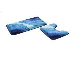 FD-Workstuff Badematten-Garnitur „Sliding-Wave“ │ blau │ 2 Teile │ Badvorleger 50 x 90 cm │ WC-Vorleger 50 x 45 cm (mit Ausschnitt) │ Bad │ Badewannen- / Toiletten-Vorleger │ by
