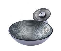 HomeLava Modern Waschbecken Gehärtetes Glas Waschtisch Aufsatzwaschbecken Rund Streife Design mit Wasserfall Wasserhahn Badarmatur